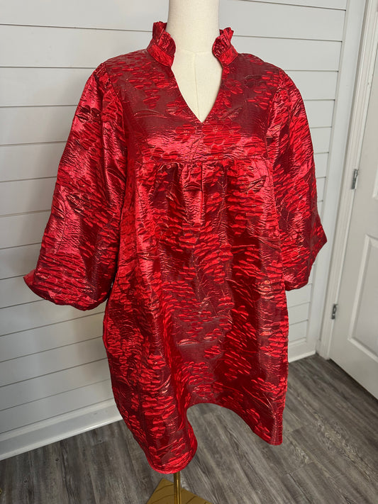 "Holi-Daze" Red Ruffle Neck Jacquard Dress