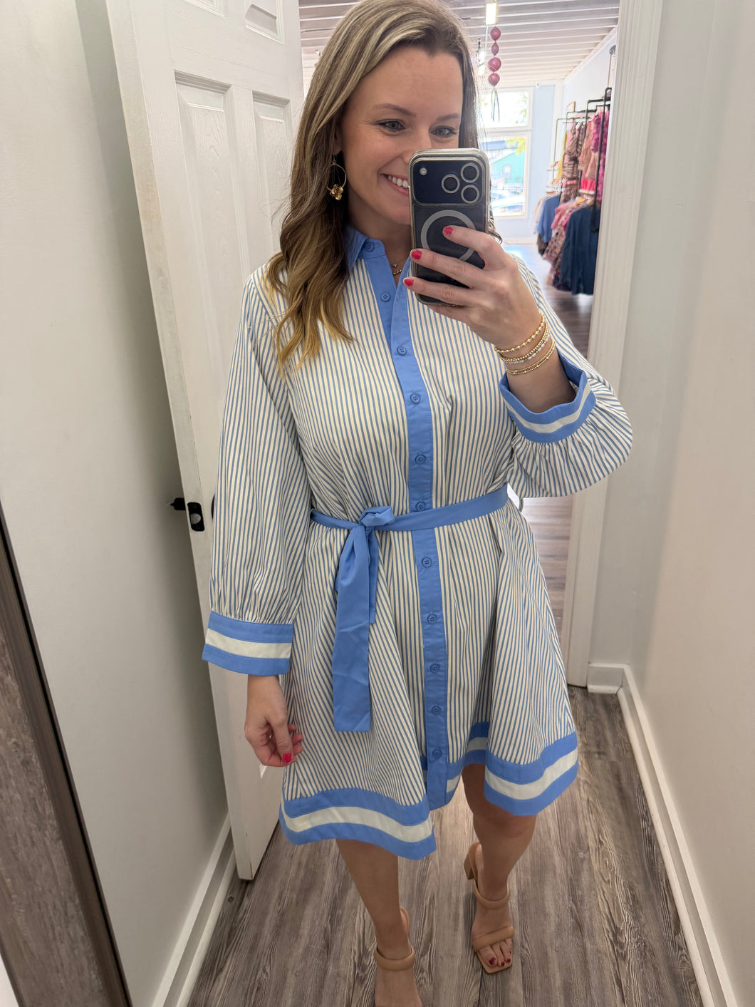 “Softly in Season” Blue Striped Belted Dress