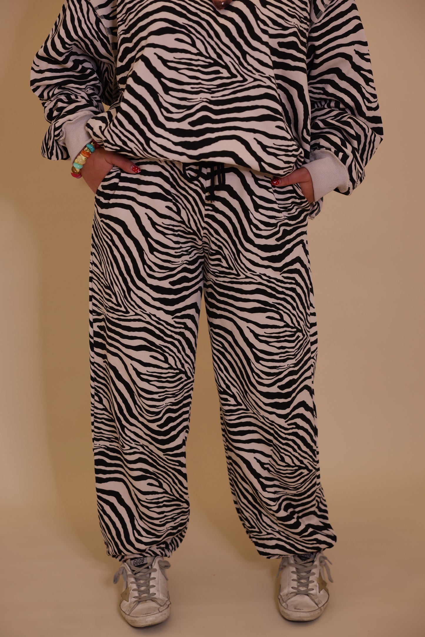 Zebra Print Elastic-Cuff Jogger Pants