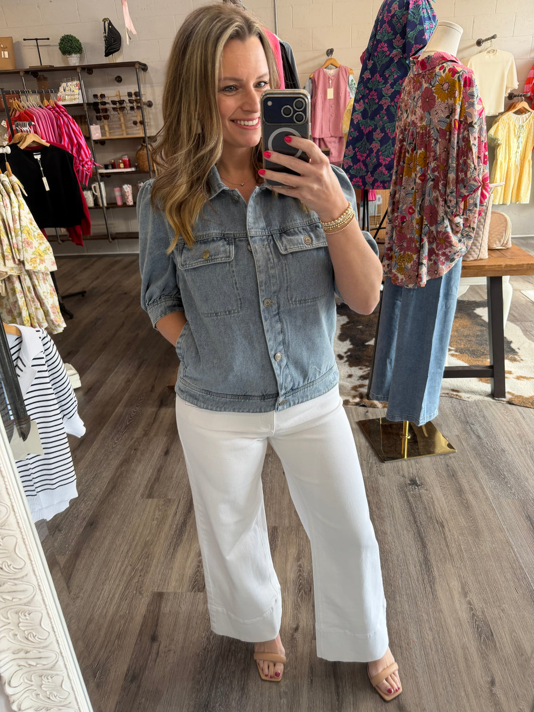 "Forgiven and Free" Denim Short Puff Sleeve Jacket