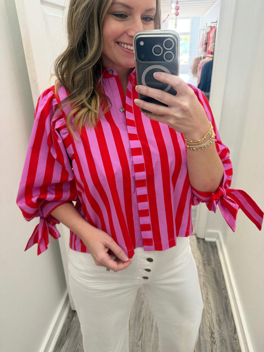 "Morning Dew" Red/Pink Puff Sleeve Top