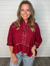 "Take It Easy" Maroon/ Leopard Trimmed Top