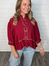 "Take It Easy" Maroon/ Leopard Trimmed Top
