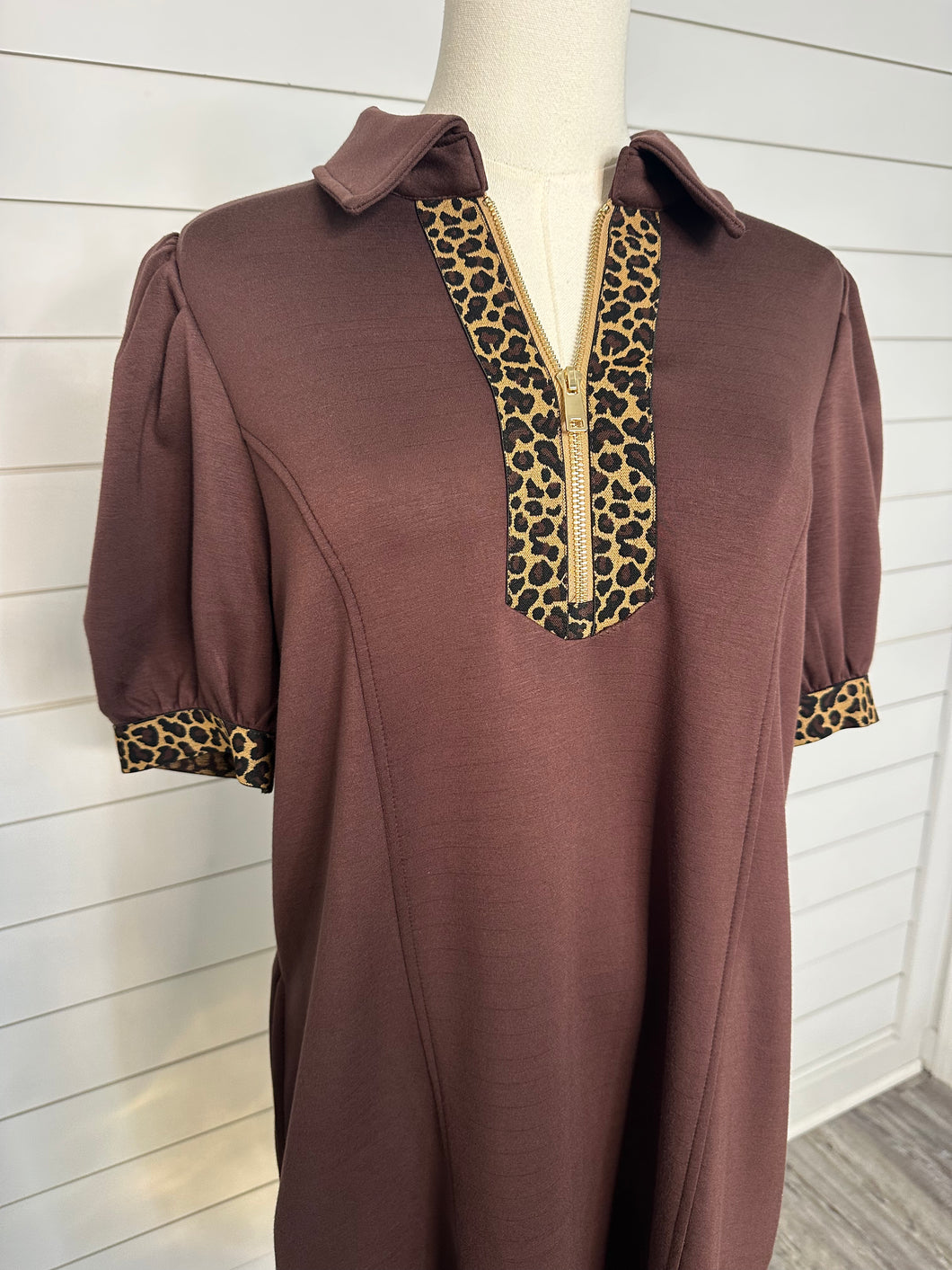 "Animal Lover" Brown Dress with Leopard Trim