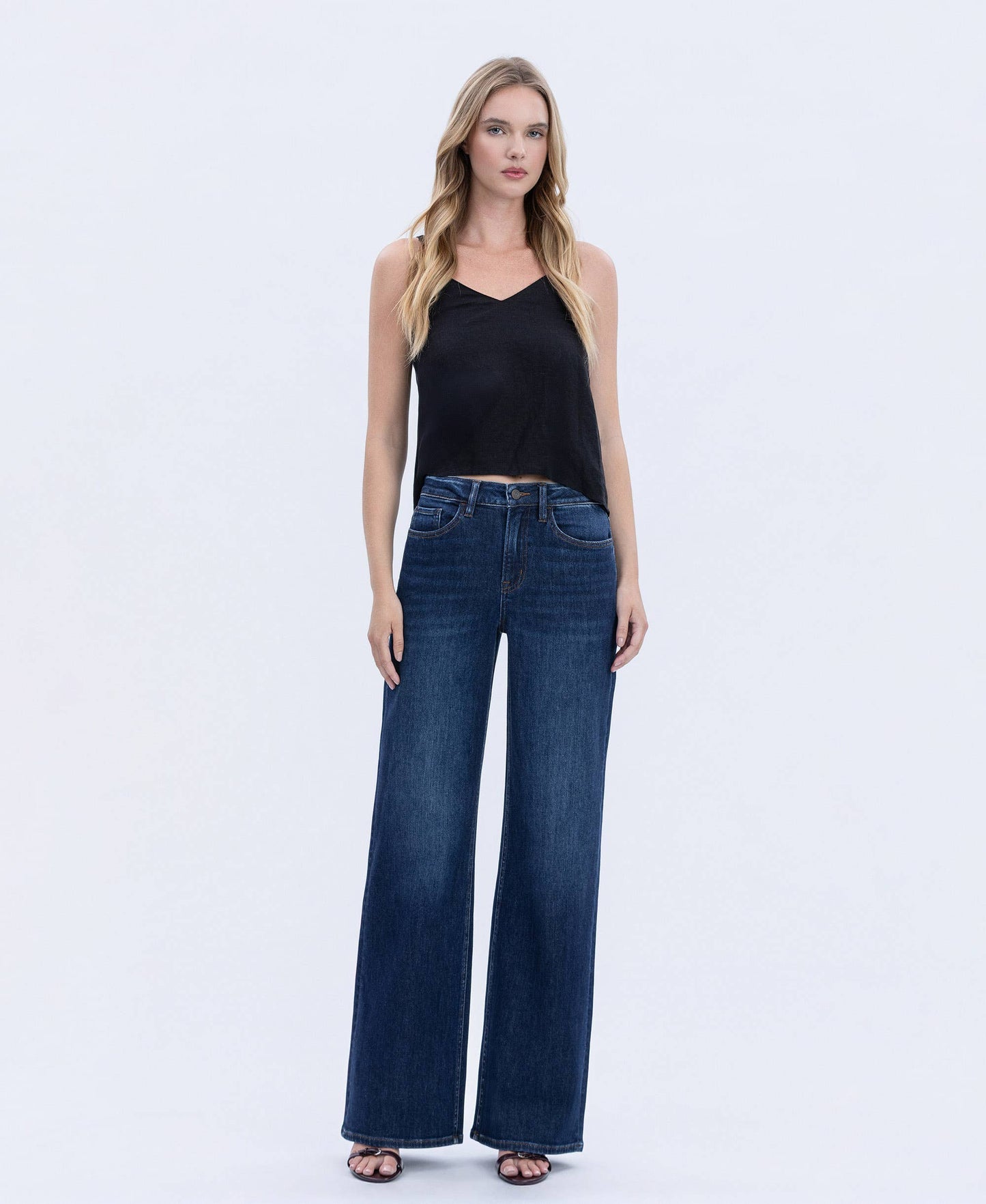 “Kallie” SUPER HIGH RISE FULL LENGTH DARK WASH WIDE JEANS