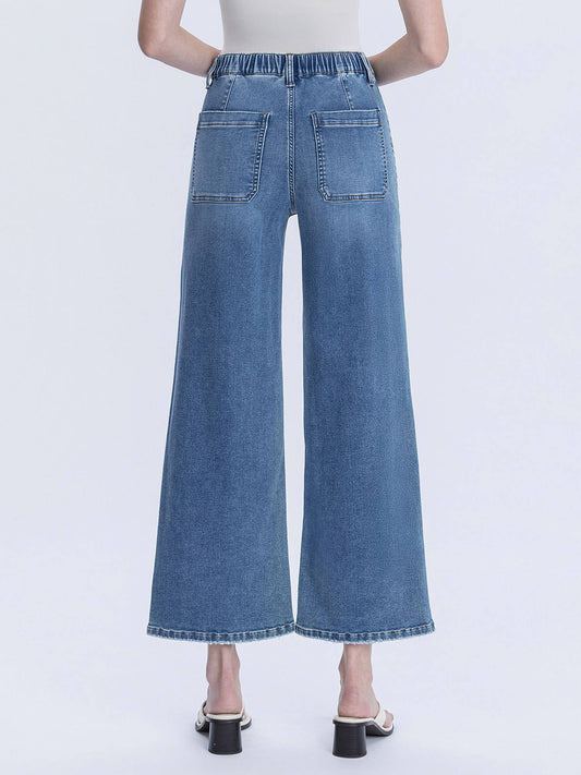 “Kassie” HIGH RISE ELASTIC WAISTBAND ANKLE BAGGY WIDE JEANS