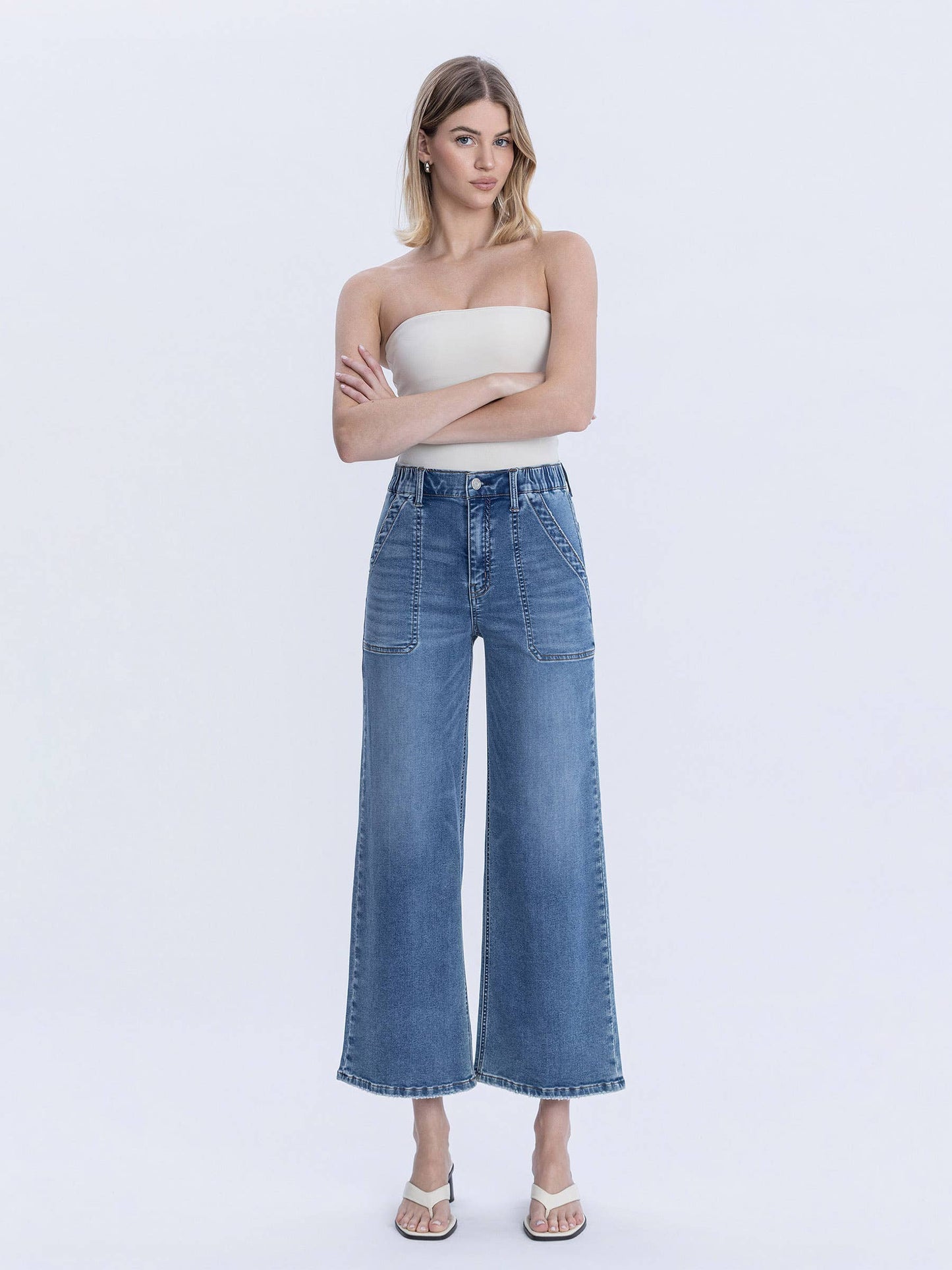 “Kassie” HIGH RISE ELASTIC WAISTBAND ANKLE BAGGY WIDE JEANS