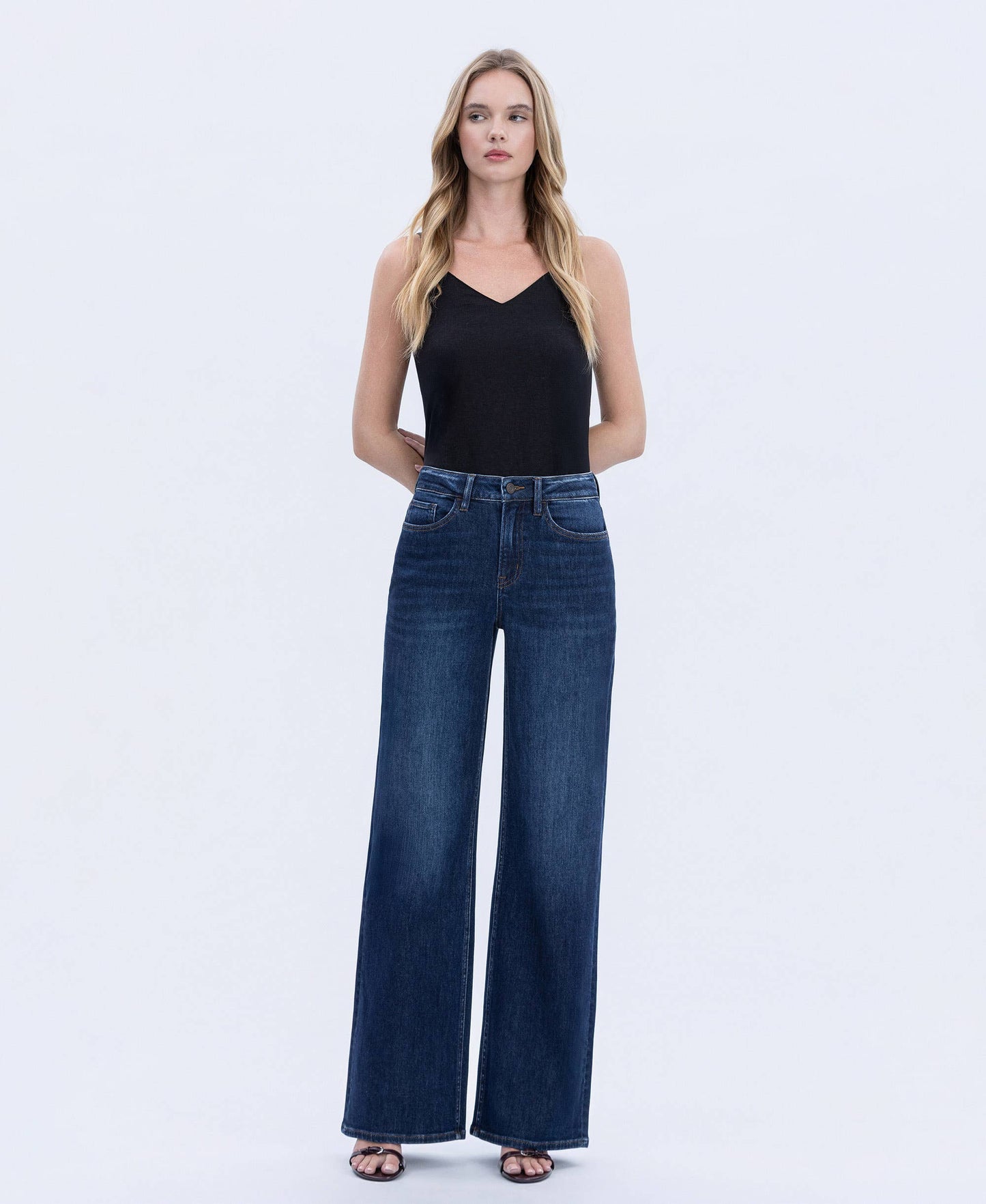 “Kallie” SUPER HIGH RISE FULL LENGTH DARK WASH WIDE JEANS