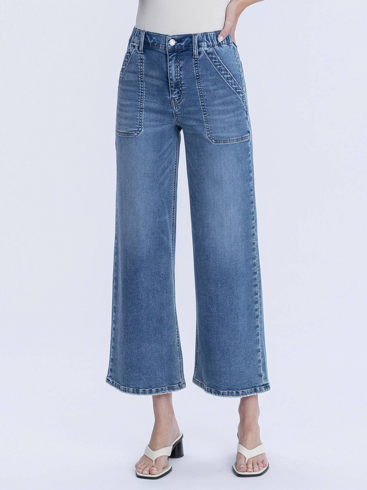 “Kassie” HIGH RISE ELASTIC WAISTBAND ANKLE BAGGY WIDE JEANS