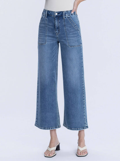 “Kassie” HIGH RISE ELASTIC WAISTBAND ANKLE BAGGY WIDE JEANS